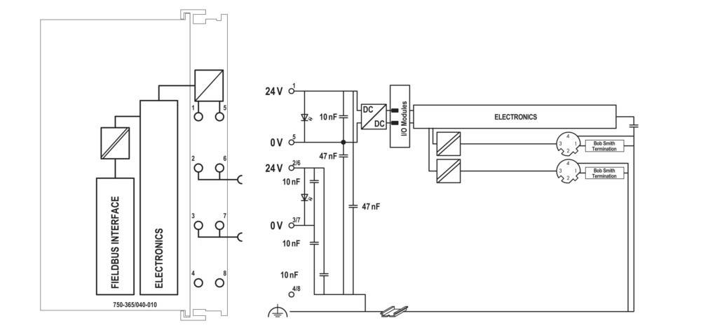 Schematische Darstellung einer elektrischen Schaltung mit beschrifteten Komponenten: Relais, Widerstände, Kondensatoren, Stromquellen und Verbindungen.