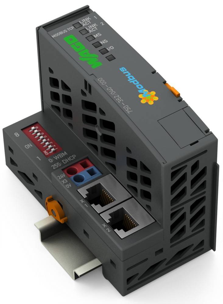 Ein kompaktes elektronisches Modul mit mehreren Anschlüssen und Schaltern, verwendet für Netzwerk- und Geräteverbindungen, mit Markenlogogs versehen.