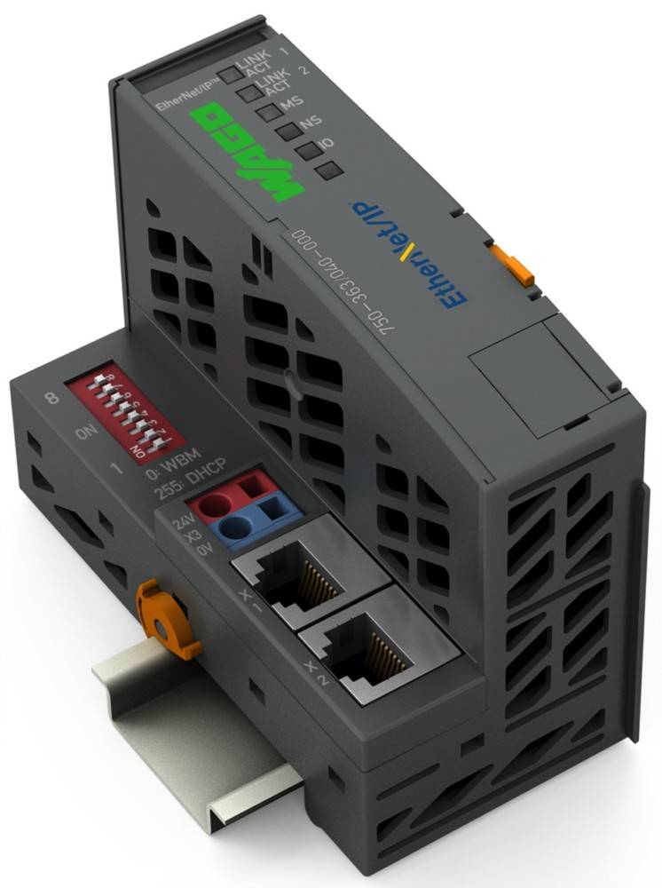 Ein kompaktes Ethernet/IP-Industriemodul mit Ports und Switches, das zur Netzwerkintegration in Automatisierungssystemen verwendet wird.