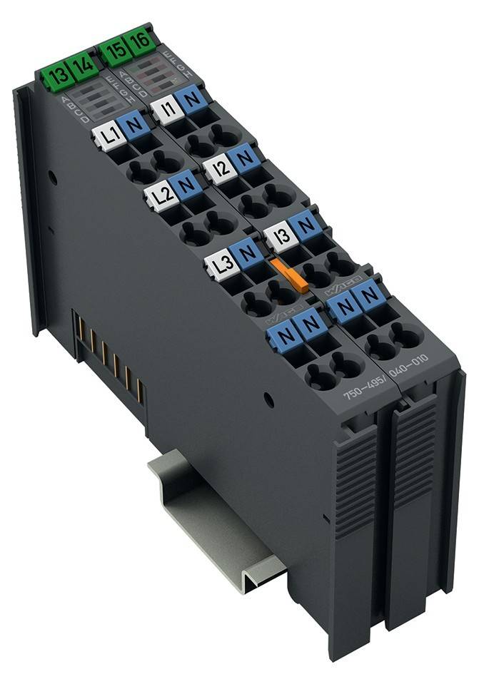 Industrielle Klemmleiste mit nummerierten Anschlusspunkten und Beschriftungen L1, L2, L3 und N. Modell TSD-D051 QV0-DIO sichtbar.