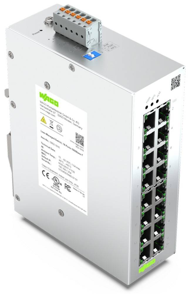 Ein weißer Netzwerkswitch mit 12 Ethernet-Ports, beschriftet mit 'WAGO', mit technischen Spezifikationen an der Seite, der für industrielle Konnektivität verwendet wird.