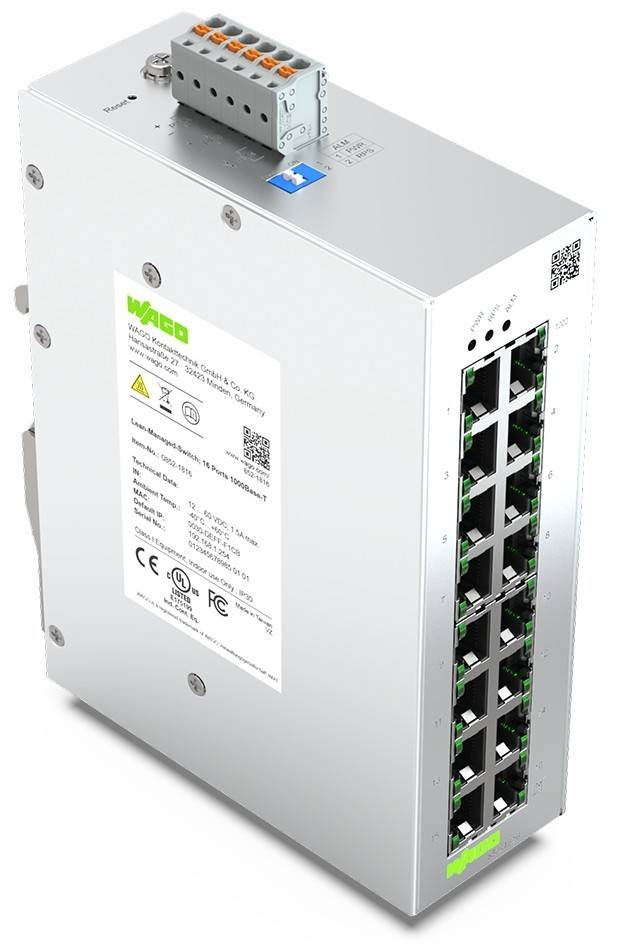 Ein silberner elektronischer Geräte mit mehreren Ethernet-Anschlüssen an der Seite und einer Beschriftung mit dem Schriftzug 'WAGO' auf dem Frontpanel.