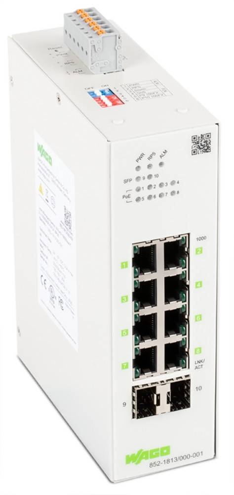 Ein weißer industrieller Ethernet-Switch mit zehn Anschlüssen, Statusanzeigen für Stromversorgung (PWR), Passwortschutz (PWD), Alarm (ALM) und PoE-Funktionalität.
