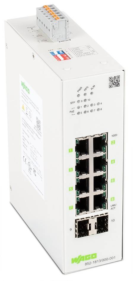 Netzwerk-Switch mit 10 Ethernet-Anschlüssen, beschriftet von 1-8, zwei SFP-Ports für Glasfaserverbindungen. Anzeigen zeigen Stromversorgung, Geschwindigkeit und Verbindungsstatus.