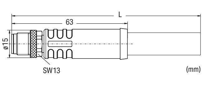 Diagramm eines zylindrischen Objekts mit einer Länge, die als L gekennzeichnet ist, und einem spezifischen Abschnitt, der mit 63 Einheiten gemessen wird. Gestrichelte Linien zeigen die Innenstruktur an.