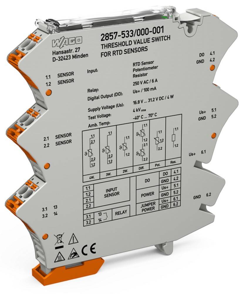 Schwellenwertschalter von WAGO, Modell 2857-533/000-001 für Widerstandsthermometer (RTD-Sensoren). Zu den Schlüsselmerkmalen gehören Eingänge für Sensoren, Ausgangschaltung, einstellbarer Schwellenwert und Statusanzeigen.
