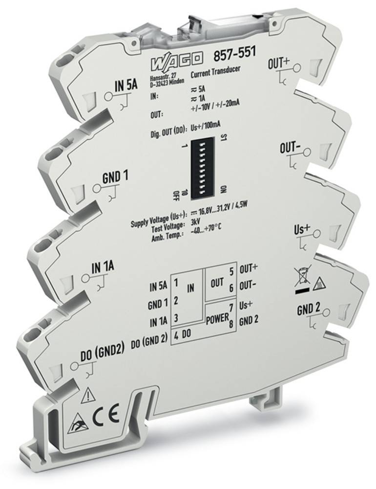 Ein weißes elektronisches Modul mit mehreren beschrifteten Komponenten, einschließlich 'IN 5A', 'OUT 5A', 'GND' und Leistungsspezifikationen, das zur Stromwandlung verwendet wird.