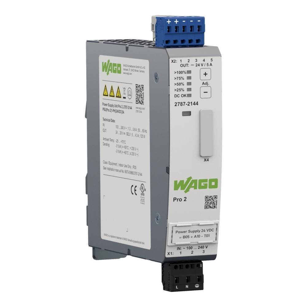 Ein WAGO Pro 2 Netzteilmodul, Modell 2787-2144, mit einer Nennspannung von 24V 5A. Es verfügt über verschiedene Anschlüsse und Einstellungen für industrielle Anwendungen.