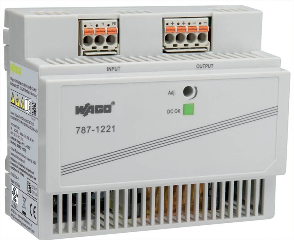 WAGO 787-1221 Netzteil mit beschrifteten Eingangs- und Ausgangsklemmen, ausgestattet mit einer 