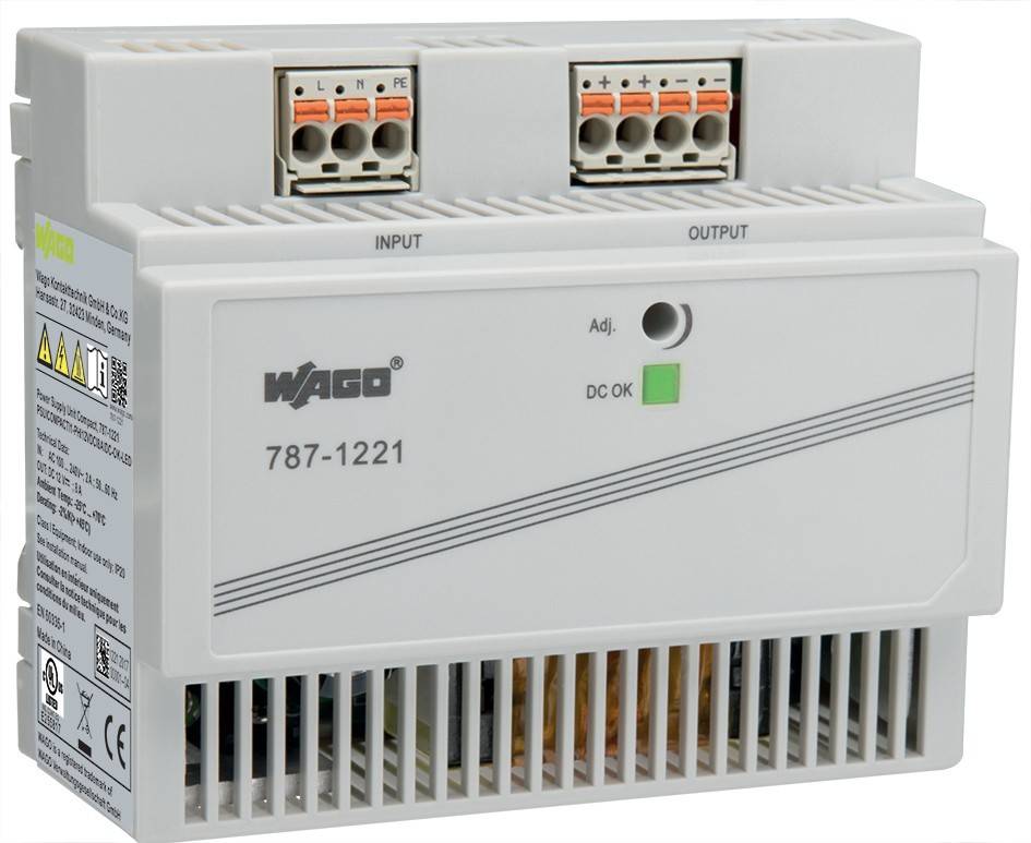 Eine graue Wago 787-1221 Stromversorgungseinheit mit Eingangs- und Ausgangsbereichen, die Anschlüsse und LED-Anzeigen auf der Frontseite aufweist.