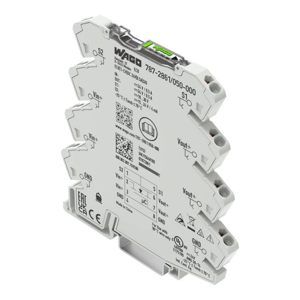 Ein WAGO-elektronisches Gerät mit der Modellnummer 787-286 erscheint in einer industriell gestalteten Gehäuse. Es zeigt Spannungseingabe- und Ausgabedetails.