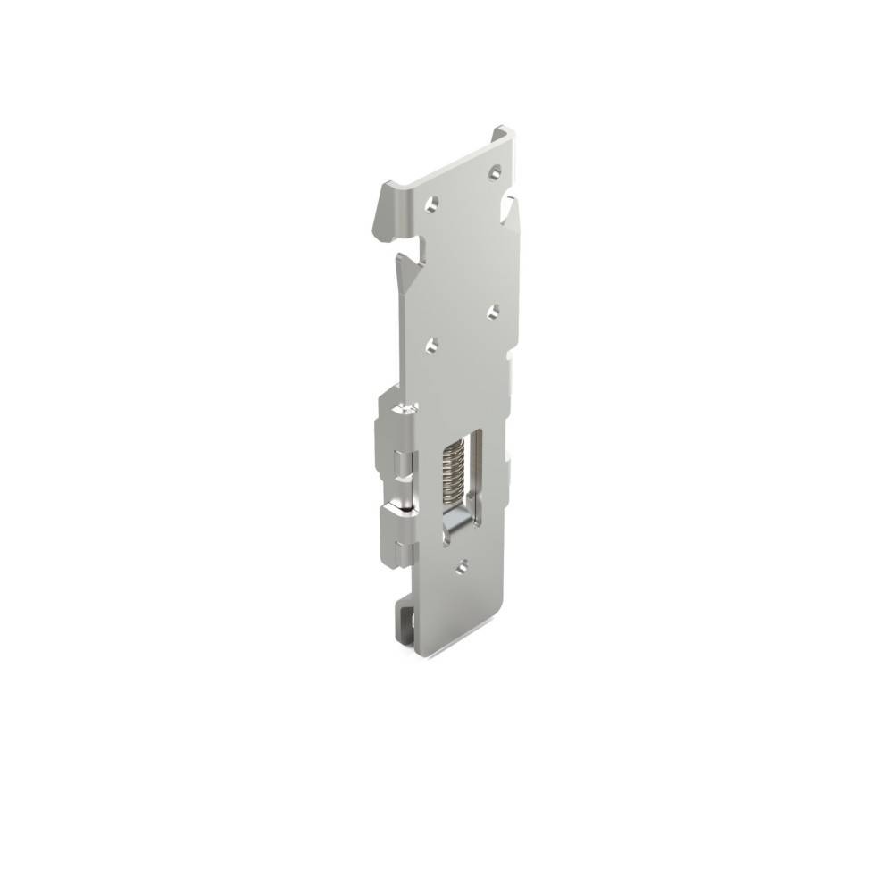 Eine Metallhalterung, die zum Befestigen von elektronischen Komponenten entwickelt wurde, mit Aussparungen und einem rechteckigen Befestigungsschlitz in der Mitte.