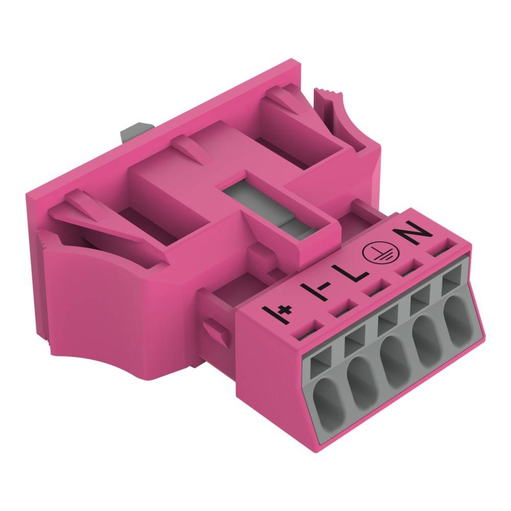 Rosa elektrischer Anschluss mit Plus-, Minus-, L- und N-Markierungen für Verdrahtungsverbindungen.