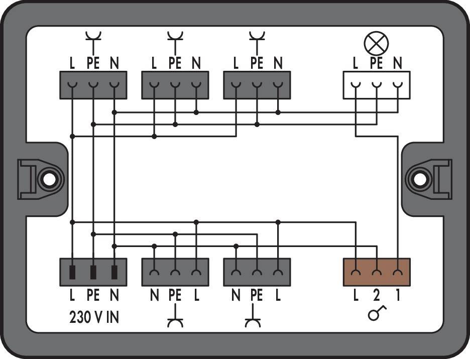 230 V IN' elektrische Schaltplan mit Anschlussverbindungen zwischen Komponenten: L, PE und N. Enthält Stromkreispfade und Anschlussdetails.