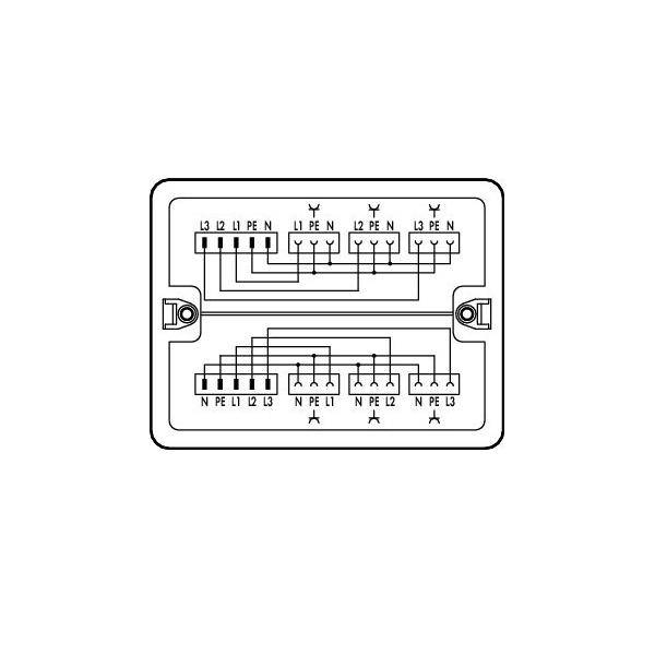 Schaltplan mit Anschlüssen für ein dreiphasiges Elektromodul, gekennzeichnet mit L1, L2, L3 und N/PEN mit mehreren verbundenen Ausgangsklemmen.