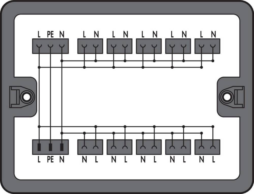 Elektrische Schaltplan, der die Verbindungen zwischen Komponenten zeigt, mit L, N, PE beschriftet, mit Linien, die die Strompfade anzeigen.