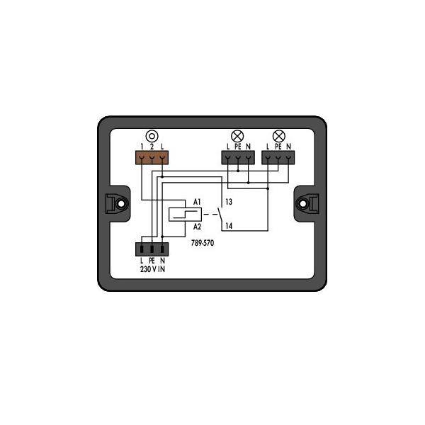 Schaltplan für ein 230V Eingangsschaltermodul, der Anschlüsse für L, PE, N, Spule A1/A2 und Kontakt 13-14 zeigt.