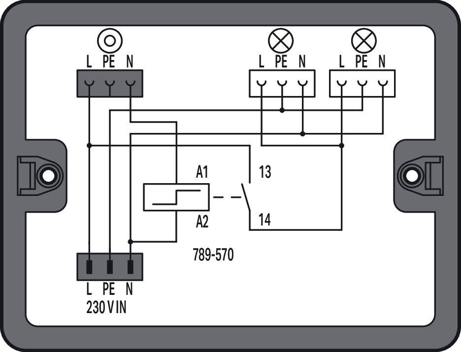 Schaltplan mit Verbindungen zwischen einer Stromversorgung und Klemmenblöcken bei 230V. Enthält Beschriftungen für Phase (L), Schutzerde (PE) und Neutralleiter (N).