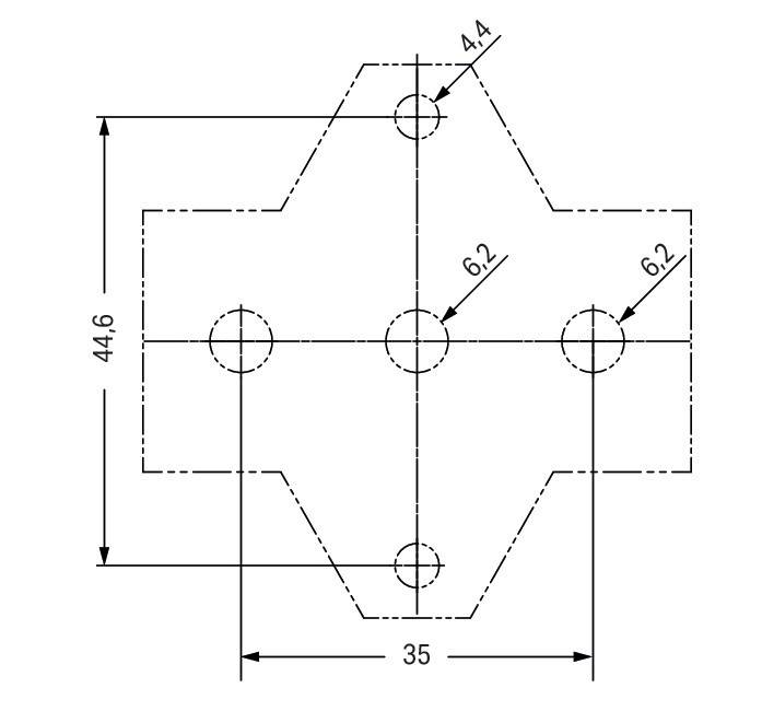 Eine technische Zeichnung eines symmetrischen kreuzförmigen mechanischen Bauteils mit Abmessungen: 44,6 Einheiten hoch, 35 Einheiten breit und fünf Löchern (vier 6,2 Einheiten, eines 4,4 Einheiten).