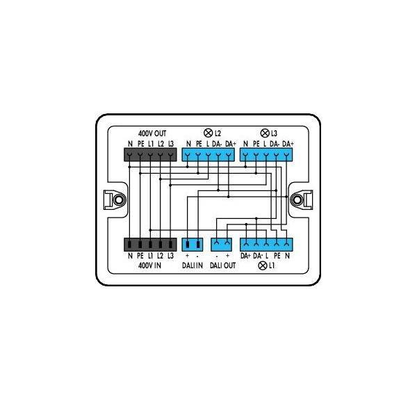 Verdrahtungsschema für ein Beleuchtungskontrollmodul mit 400V Eingang, DALI Ein-/Ausgabeanschlüssen und Lampenausgängen L1-L3 mit Anschlussverbindungen.