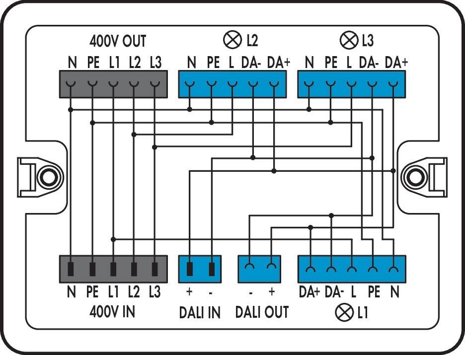 Schaltplan für ein 400V-Gerät, der den Eingang mit N, PE, L1, L2, L3-Anschlüssen und den Ausgang mit ähnlichen Anschlüssen sowie DA+ und DA- für DALIN und DALOUT zeigt.