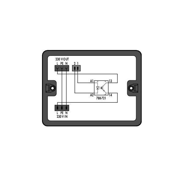 Schaltplan für ein 230-V-Relaismodul, das die Anschlüsse P, E, N und 230 V zeigt, die mit den Relaiscontakten A1, A2, 13 und 14 verbunden sind.