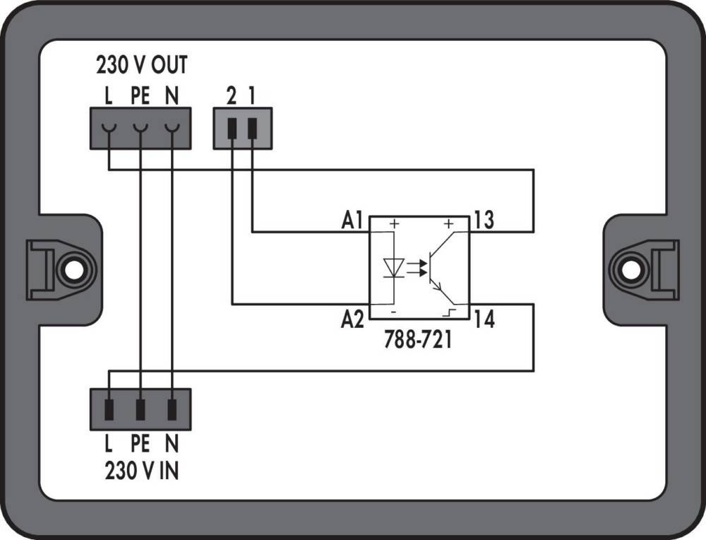 Schaltplan zur Darstellung der Verdrahtungsverbindungen für einen 230V-Eingang an ein Relais. Enthält Klemmbezeichnungen für ‚L', ‚PE', ‚N' und Komponente 788-721.