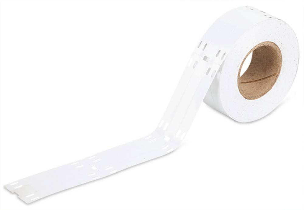 Eine Rolle weißes reflektierendes Klebeband, teilweise abgerollt, mit Schlitzen für Belüftung oder Flexibilität.