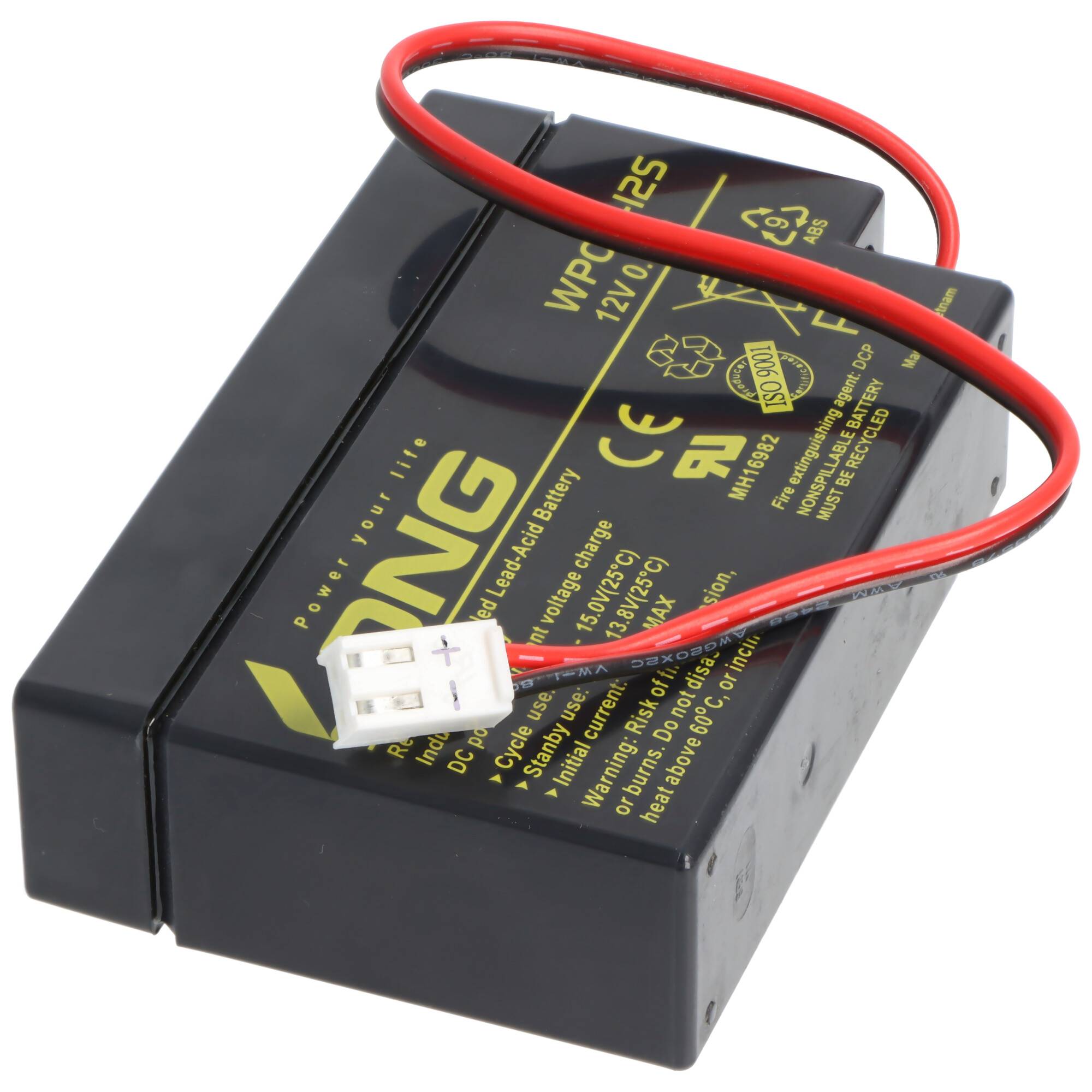 Schwarze wiederaufladbare Batterie mit roten und schwarzen Kabeln und einem weißen Stecker oben.