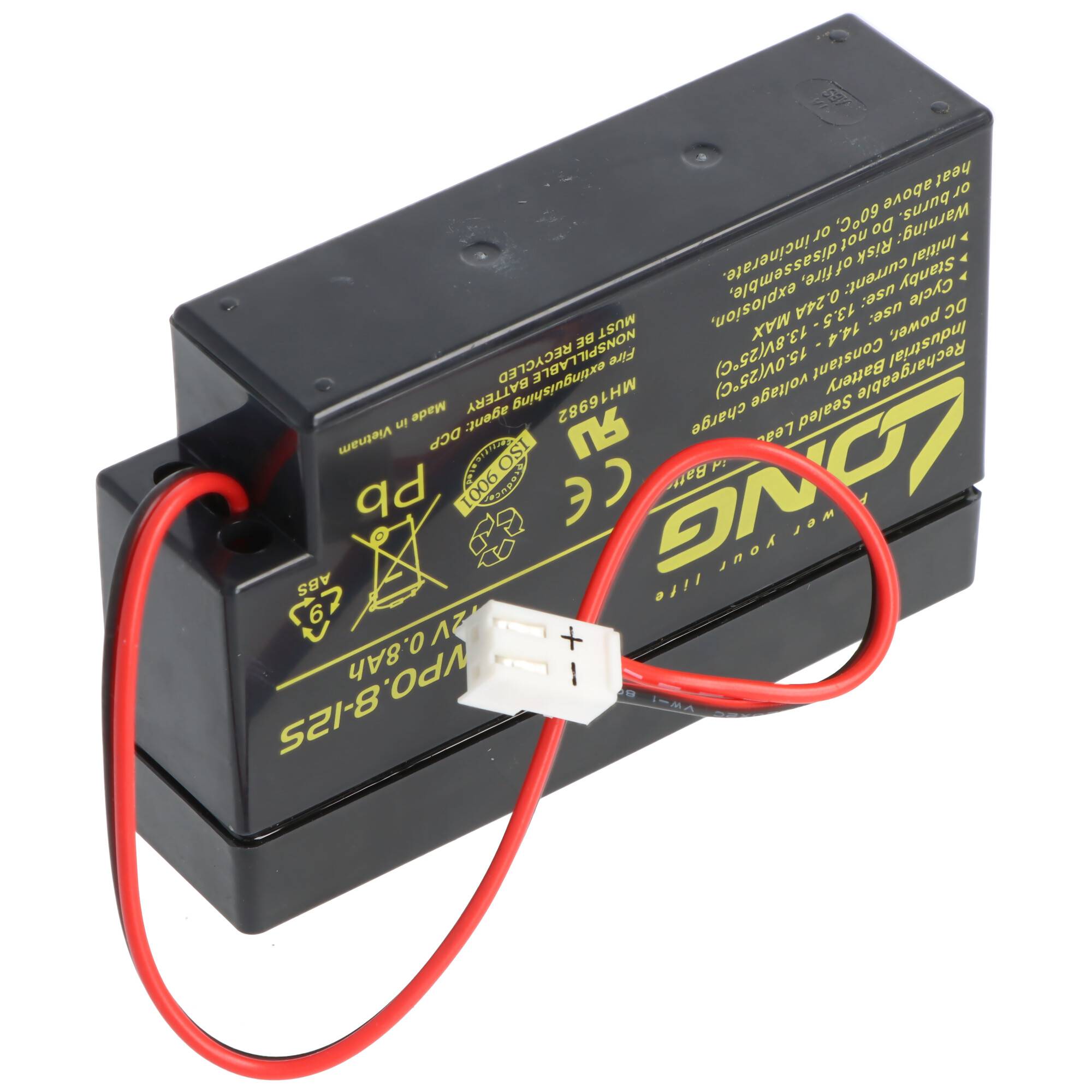 Schwarzes wiederaufladbares Batteriepack mit roten und schwarzen Kabeln und einem weißen Anschluss auf weißem Hintergrund.