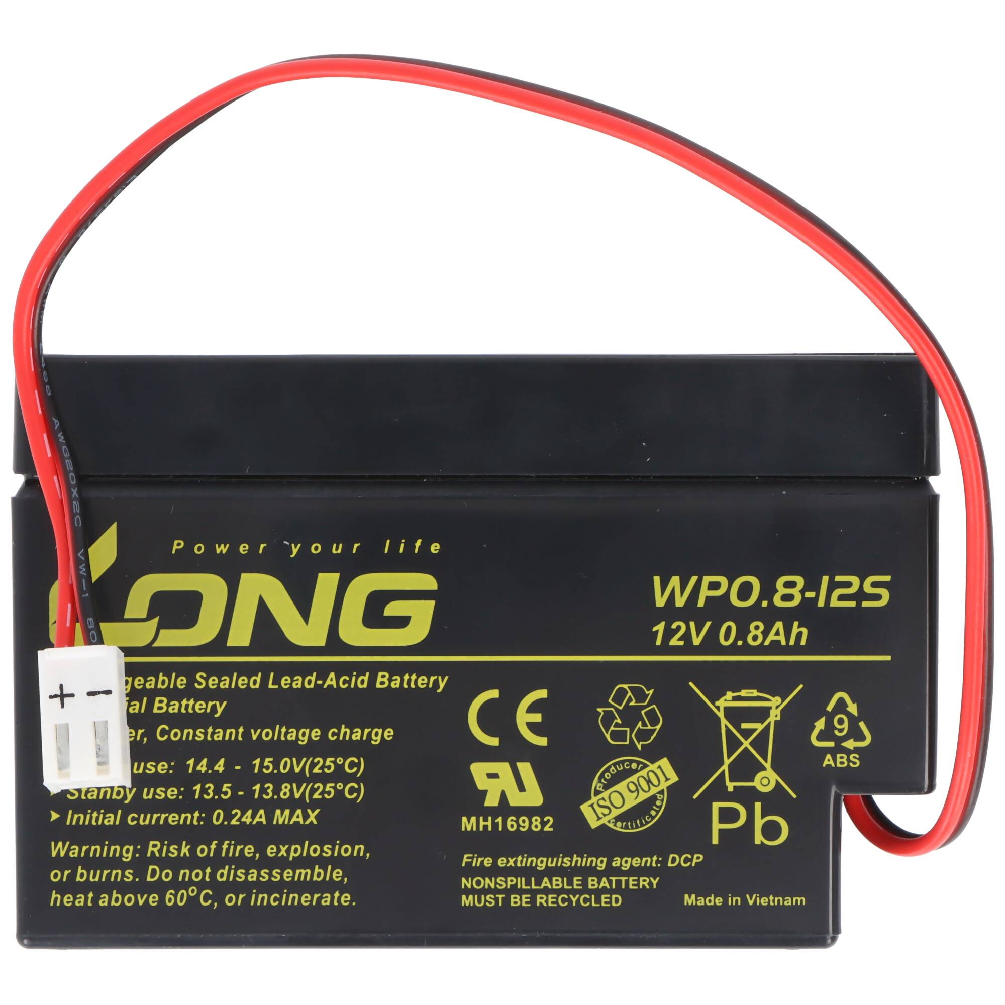 Schwarze wiederaufladbare versiegelte Blei-Säure-Batterie mit roten und schwarzen Kabeln, mit den Aufschriften „WPO.8-12S" und „12V 0,8Ah"".