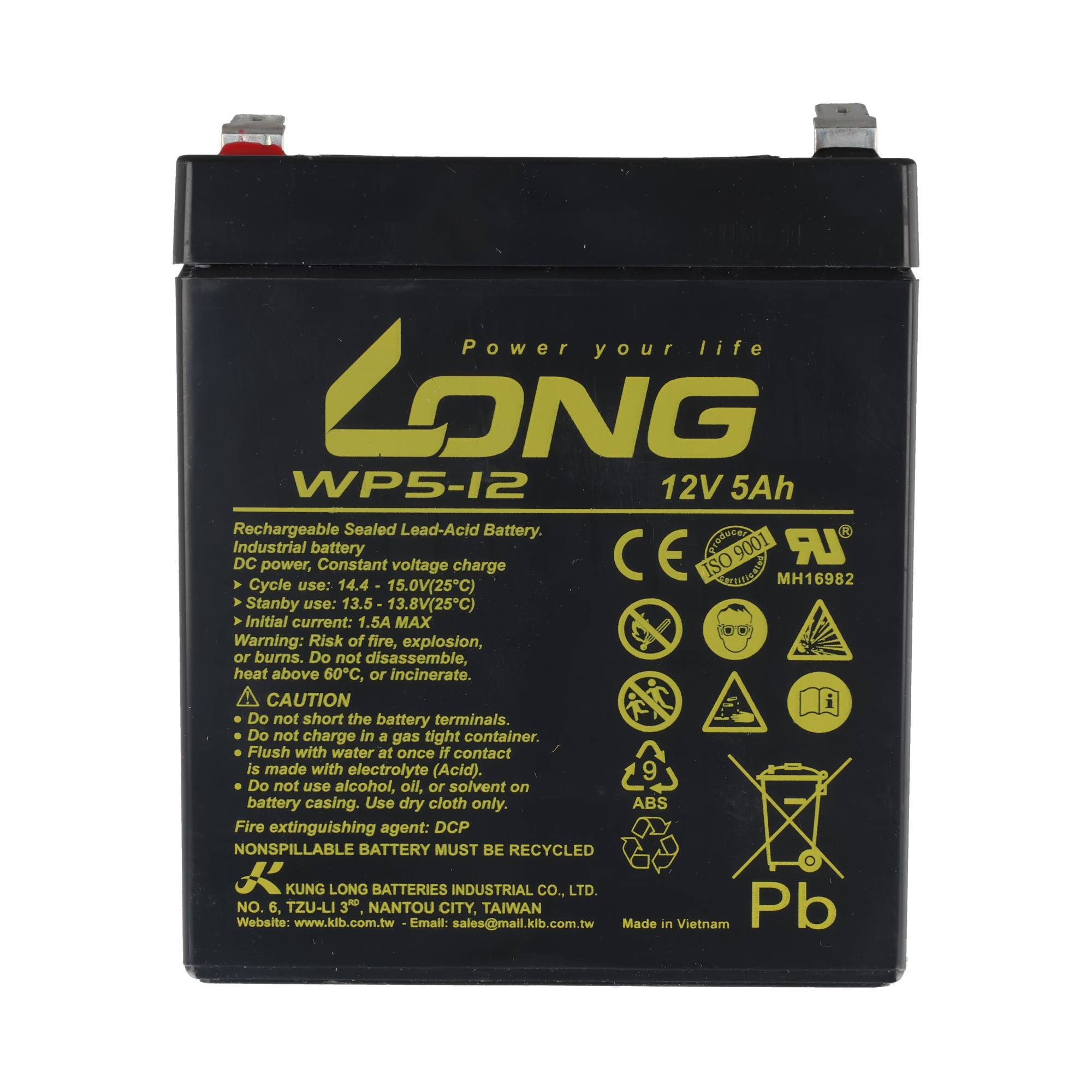 Schwarze LONG WPS-12 12V 5Ah wiederaufladbare verschlossene Blei-Säure-Batterie mit Warnsymbolen und Anschlussposten oben.