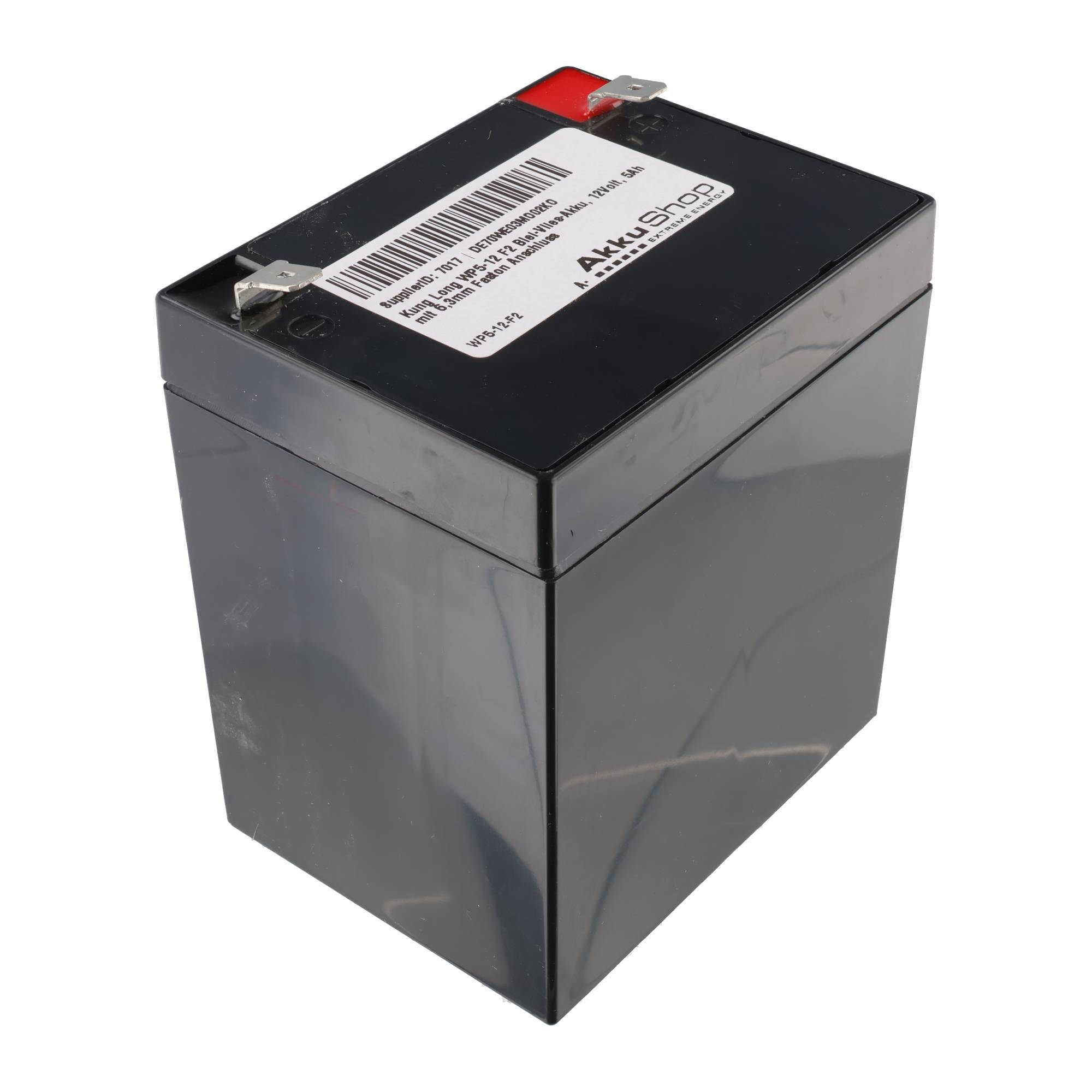 Schwarze rechteckige versiegelte Batterie mit Anschlüssen oben und Barcode-Etikett, auf weißem Hintergrund dargestellt.