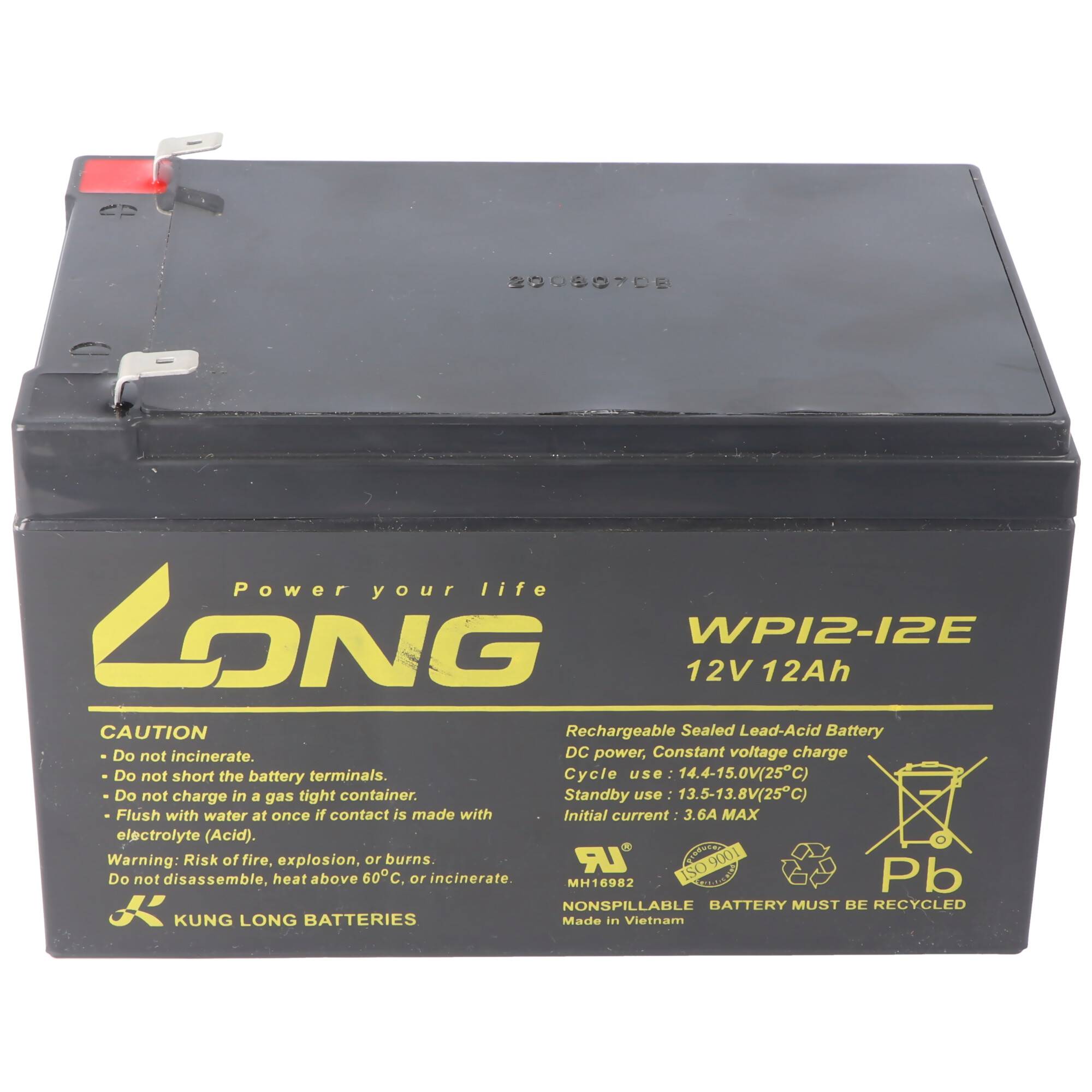 Schwarze LONG WP12-12E 12V 12Ah wiederaufladbare versiegelte Blei-Säure-Batterie mit Warn- und Recycling-Etiketten auf der Vorderseite.