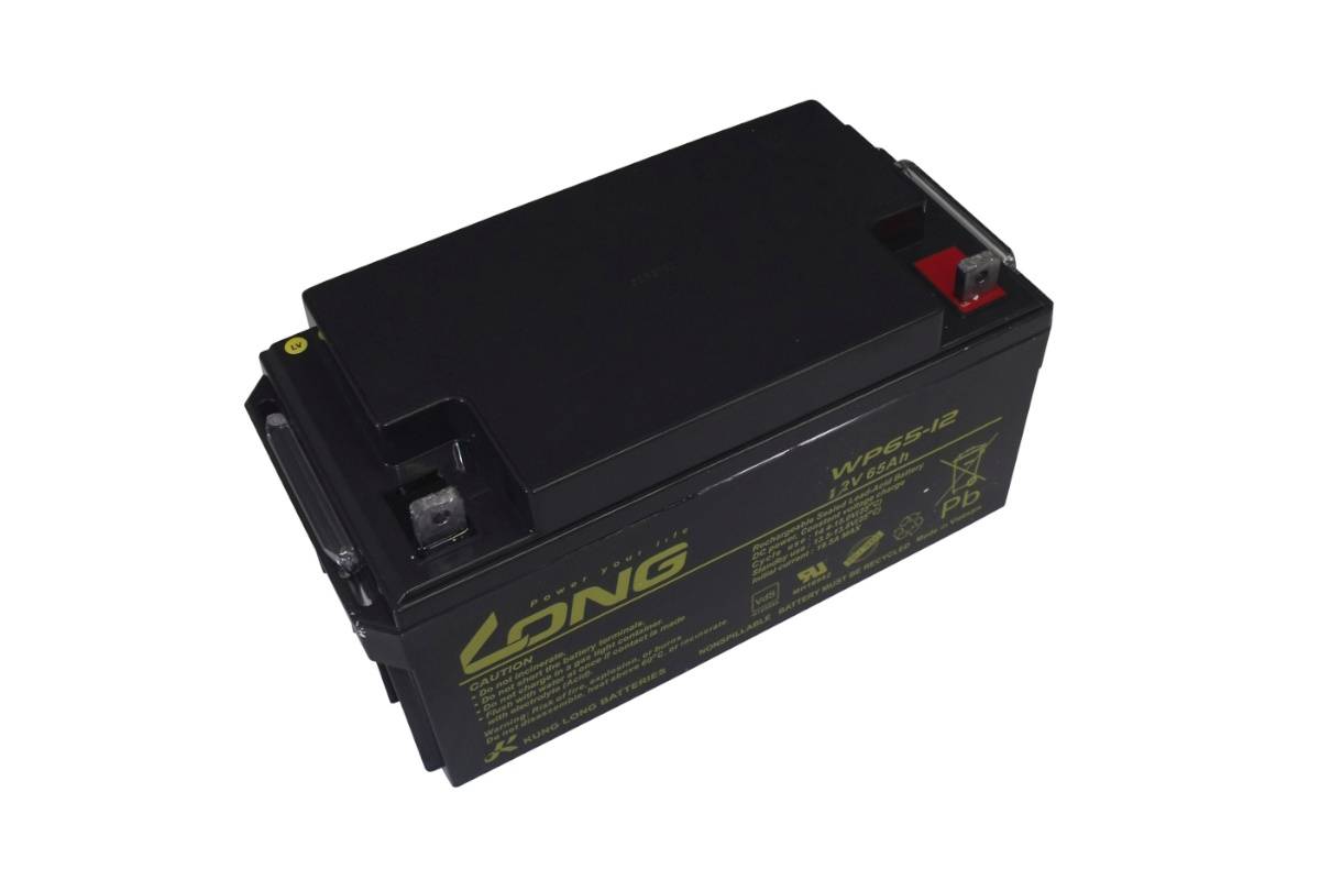 Schwarze aufladbare Batterie mit zwei Anschlüssen, auf weißem Hintergrund dargestellt.