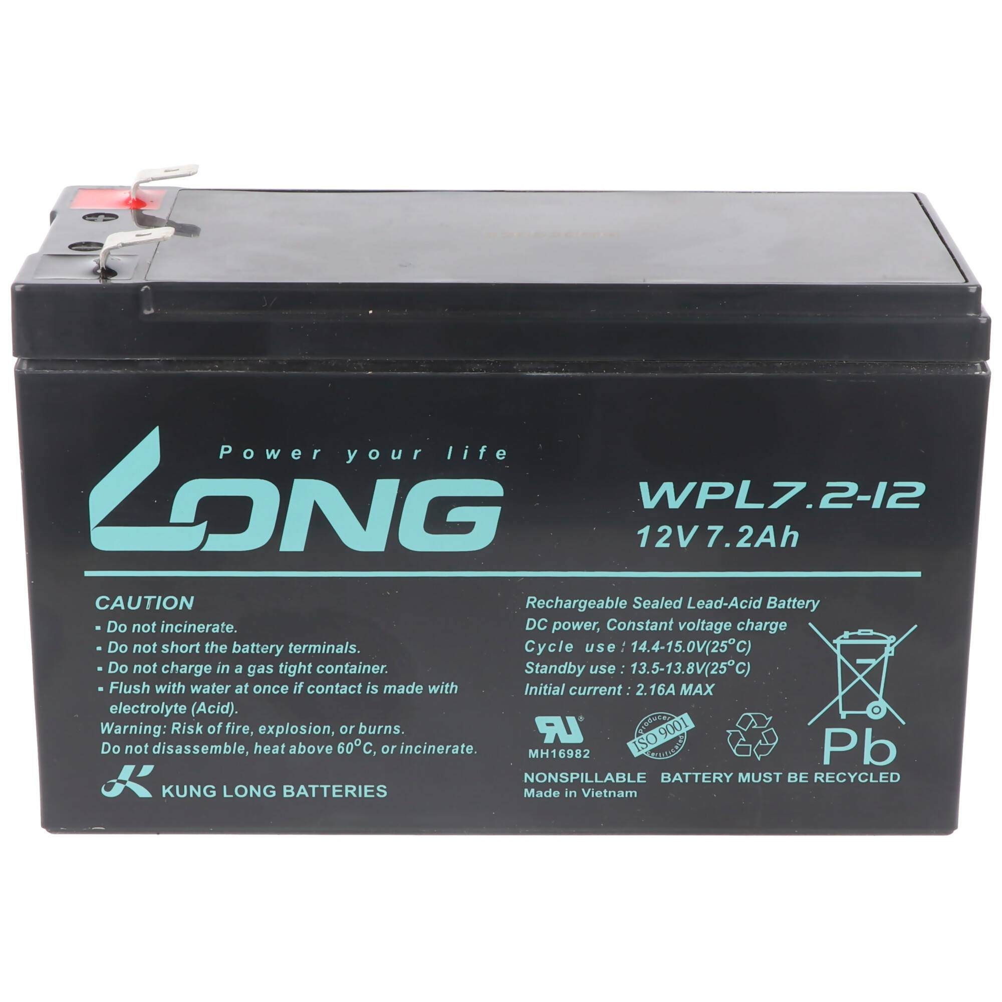 Schwarze wiederaufladbare verschlossene Blei-Säure-Batterie mit der Bezeichnung LONG WPL7.2-12, 12V 7,2Ah, mit Warn- und Recycling-Symbolen.