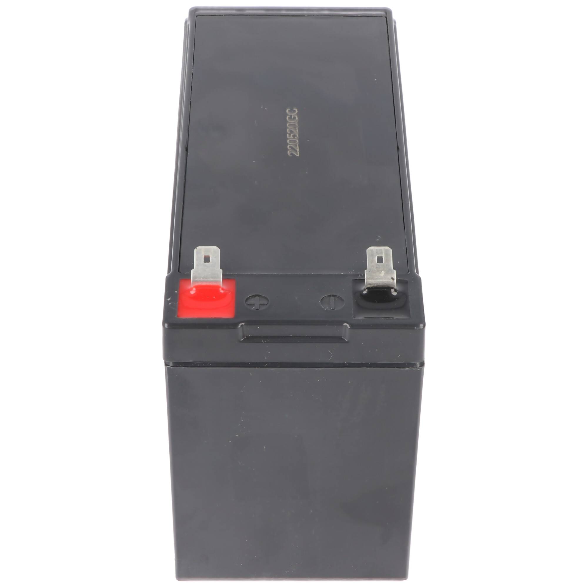 Schwarze wiederaufladbare Batterie mit roten und schwarzen Anschlüssen auf weißem Hintergrund gezeigt.