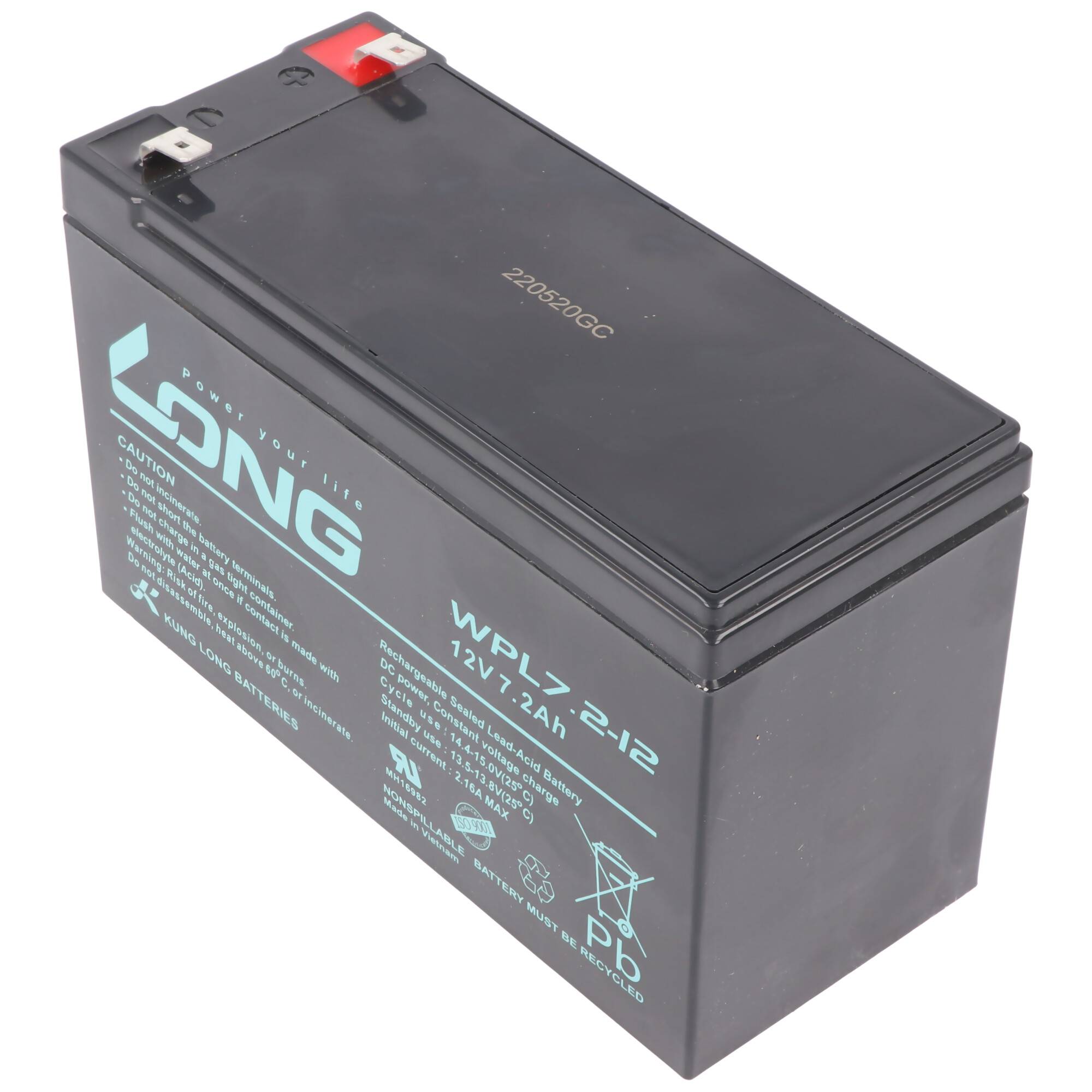 Schwarze rechteckige 12V wiederaufladbare Batterie mit Anschlussverbindern und Long-Markenbeschriftung, auf weißem Hintergrund dargestellt.
