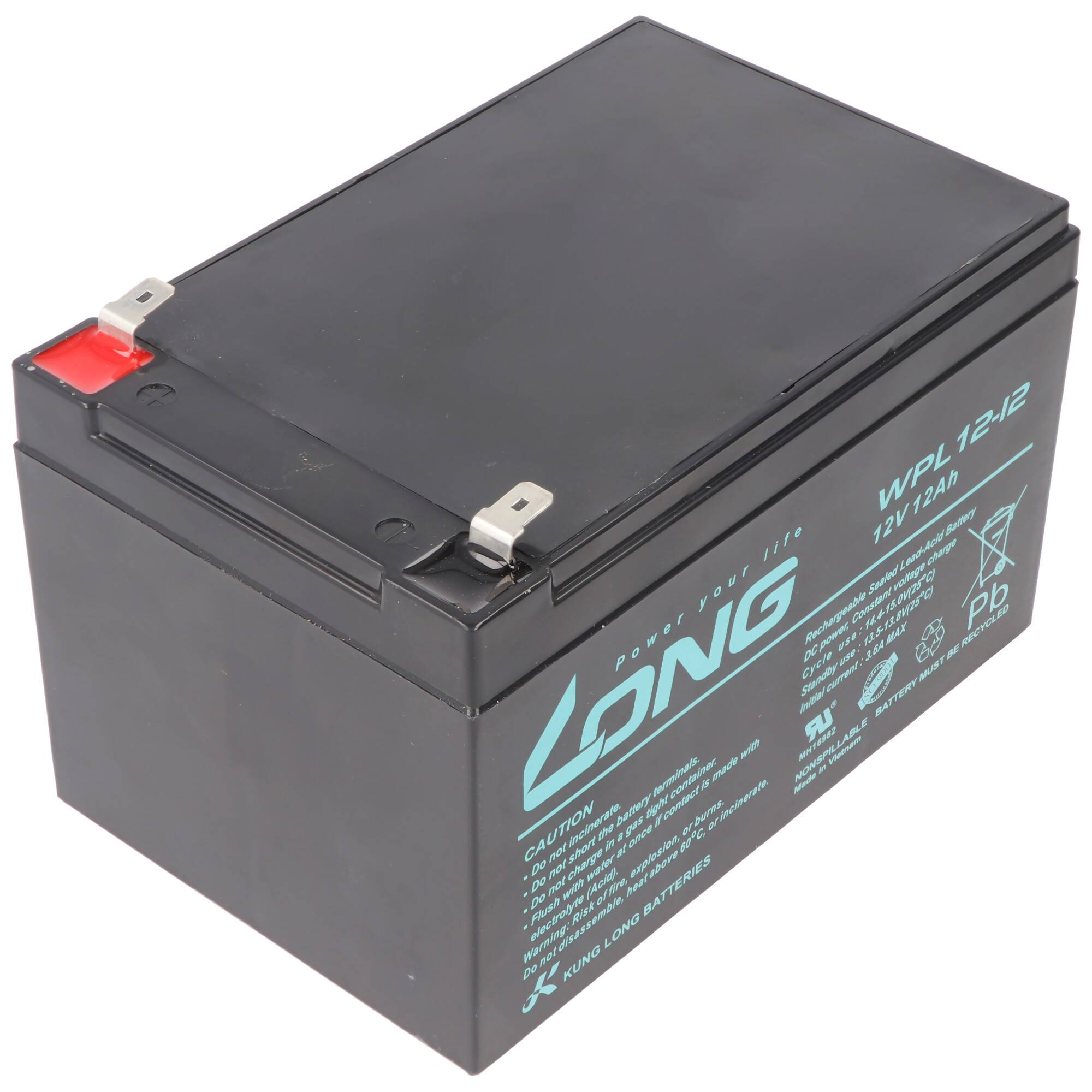 Schwarze versiegelte Bleiakkumulator-Batterie mit zwei Anschlüssen oben und türkisem „LONG