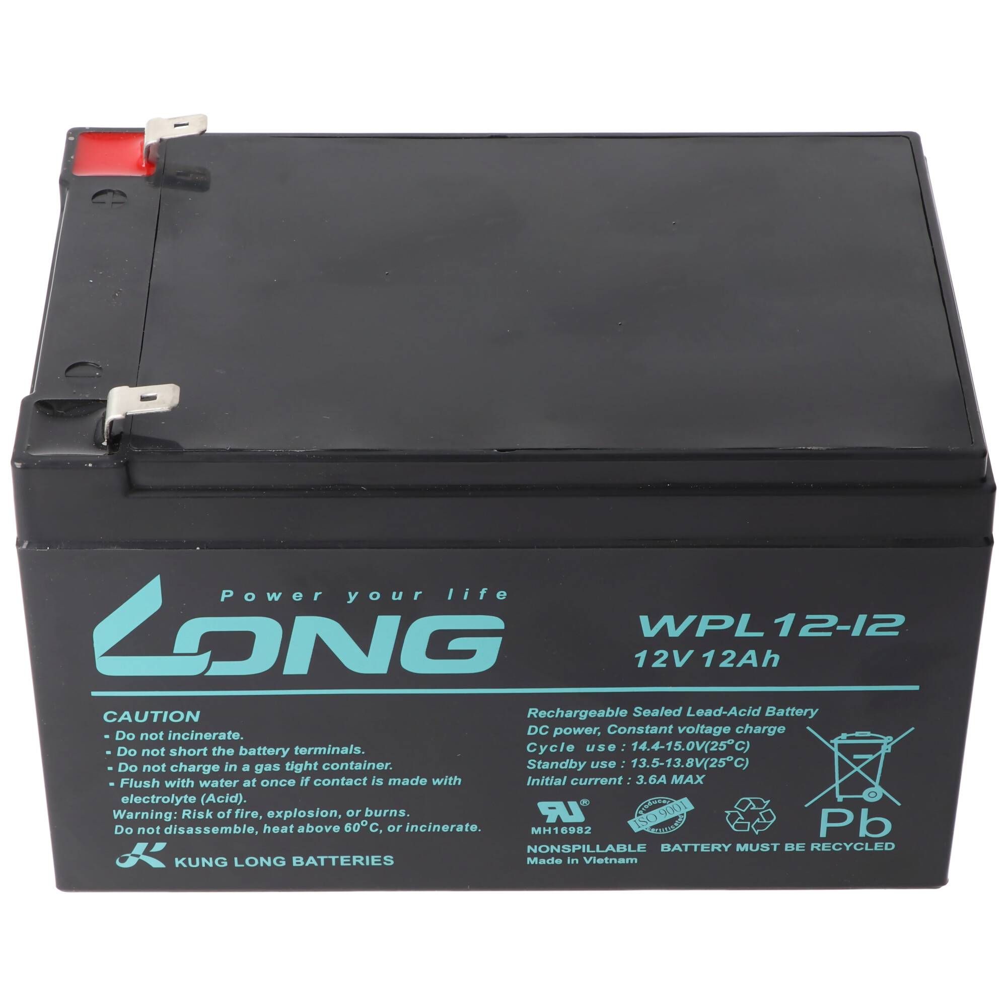 Schwarze wiederaufladbare versiegelte Blei-Säure-Batterie mit der Bezeichnung „LONG WPL12-12 12V 12Ah