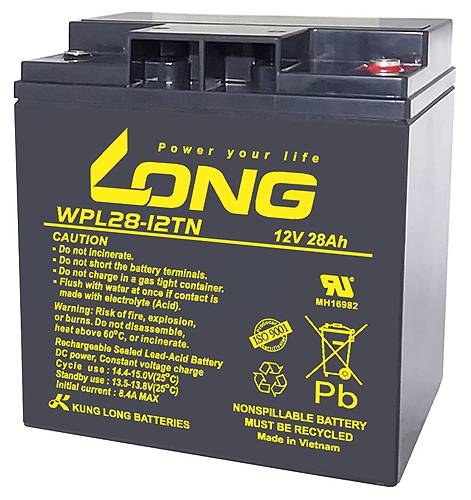 Schwarze LONG WPL28-12TN 12V 28Ah versiegelte Bleisäure-Batterie mit gelbem Etikett und Recycling-Symbolen