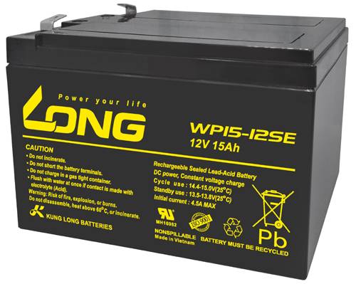 Schwarze KUNG LONG wiederaufladbare versiegelte Bleisäurebatterie, Modell WP5-12SE 12V 15Ah, mit Warn- und Recycling-Symbolen.
