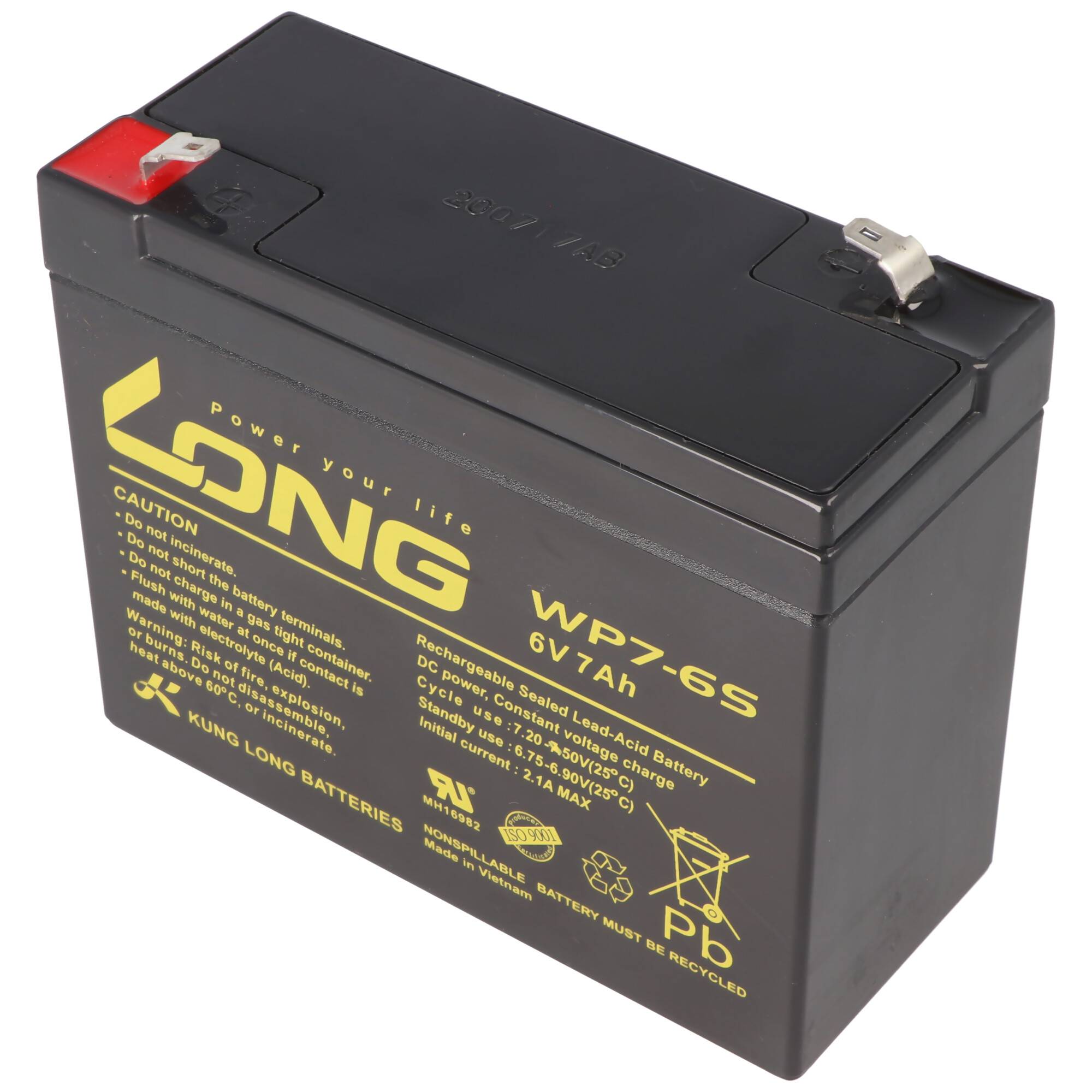 Schwarze wiederaufladbare versiegelte Blei-Säure-Batterie mit der Aufschrift „LONG WP7-6S 6V 7Ah