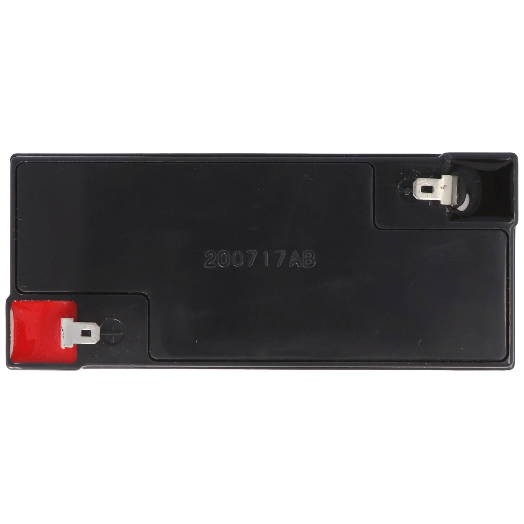 Schwarzes rechteckiges Akkupack oder elektronisches Modul mit zwei Anschlüssen, einer rot und einer schwarz, gekennzeichnet mit '200717AB'.