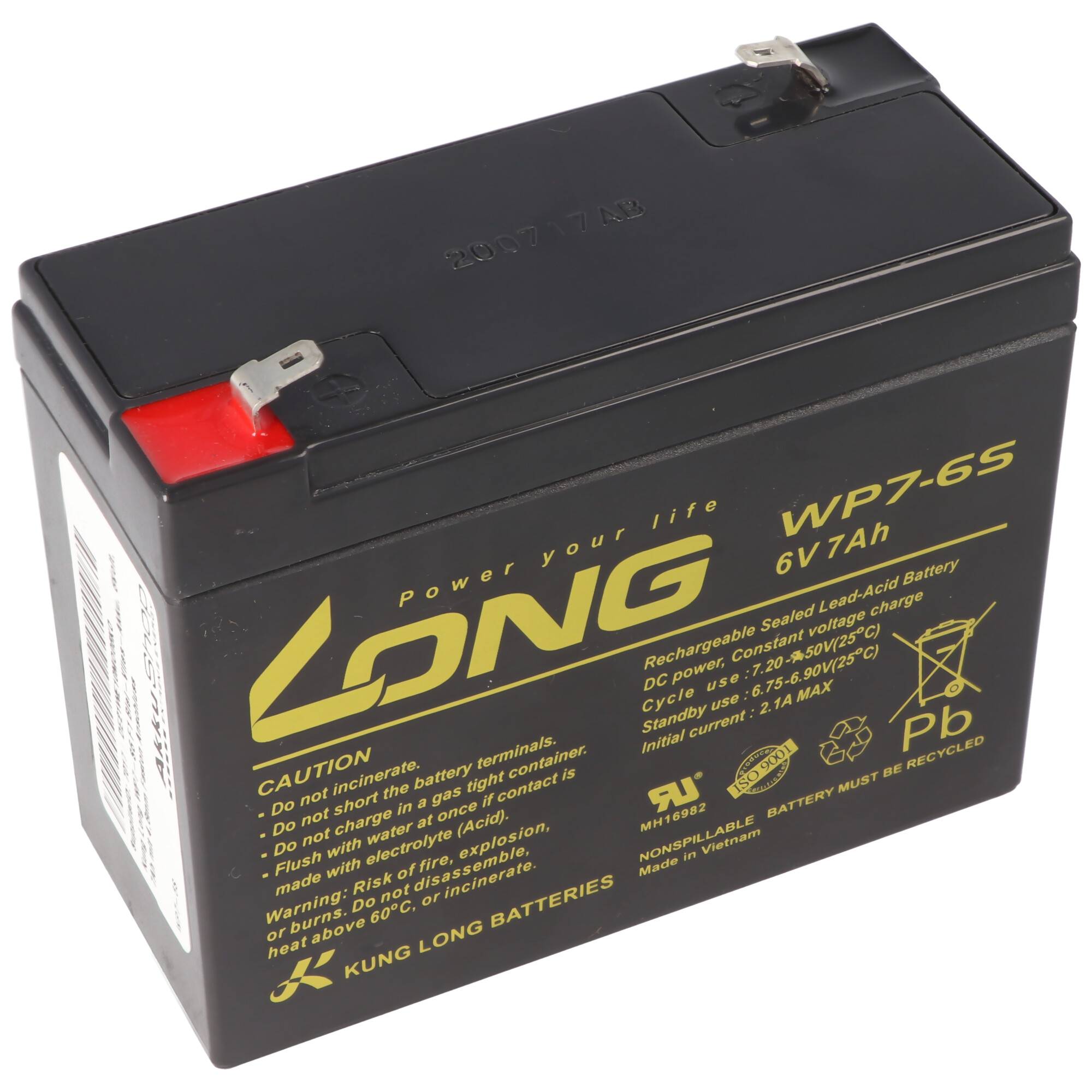 Schwarze LONG WP7-6S 6V 7Ah versiegelte Bleisäure-Wiederaufladebatterie mit Anschlüssen auf der Oberseite.