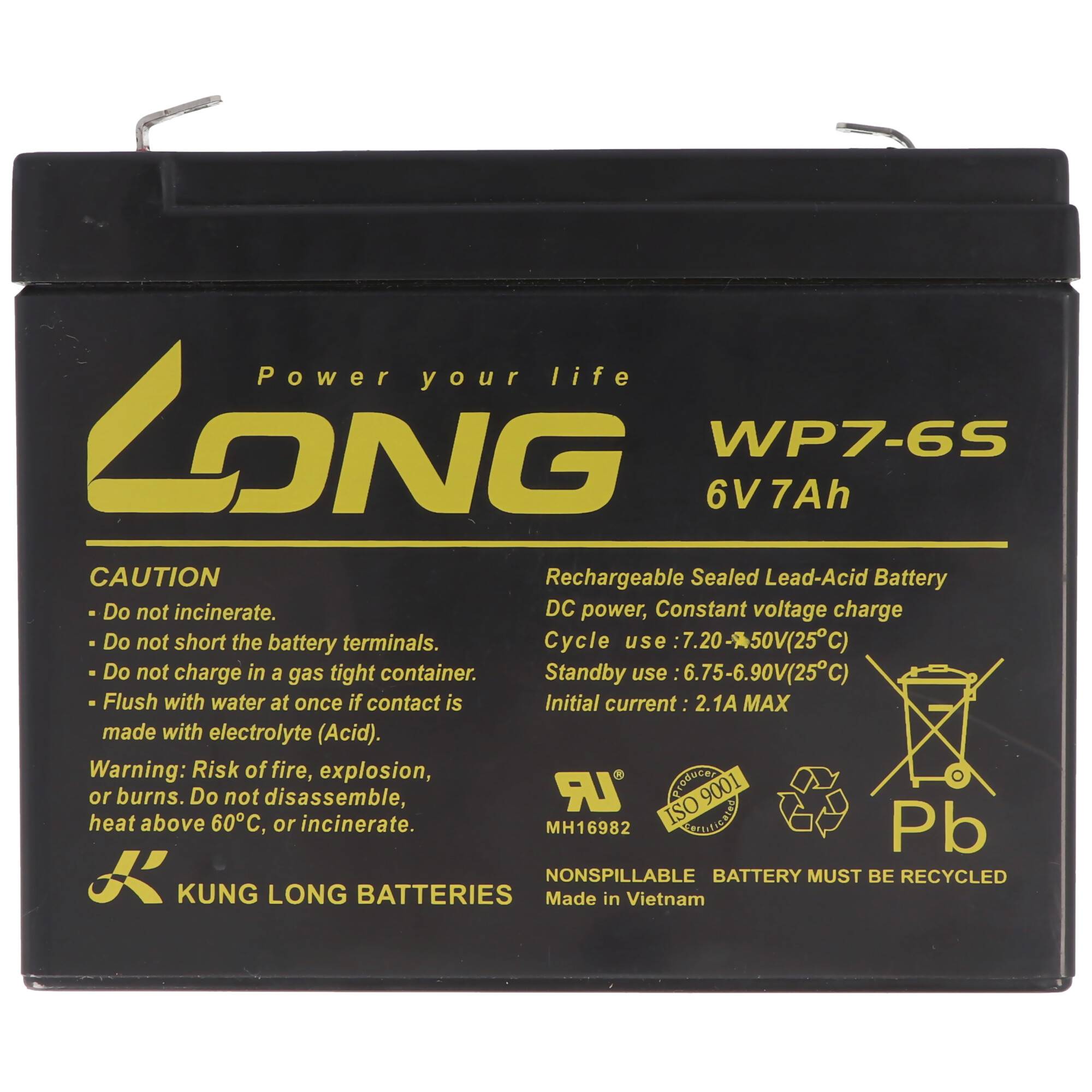 Schwarze KUNG LONG WP7-6S 6V 7Ah versiegelte Blei-Säure-Akkubatterie mit gelbem Etikett und Warntext.