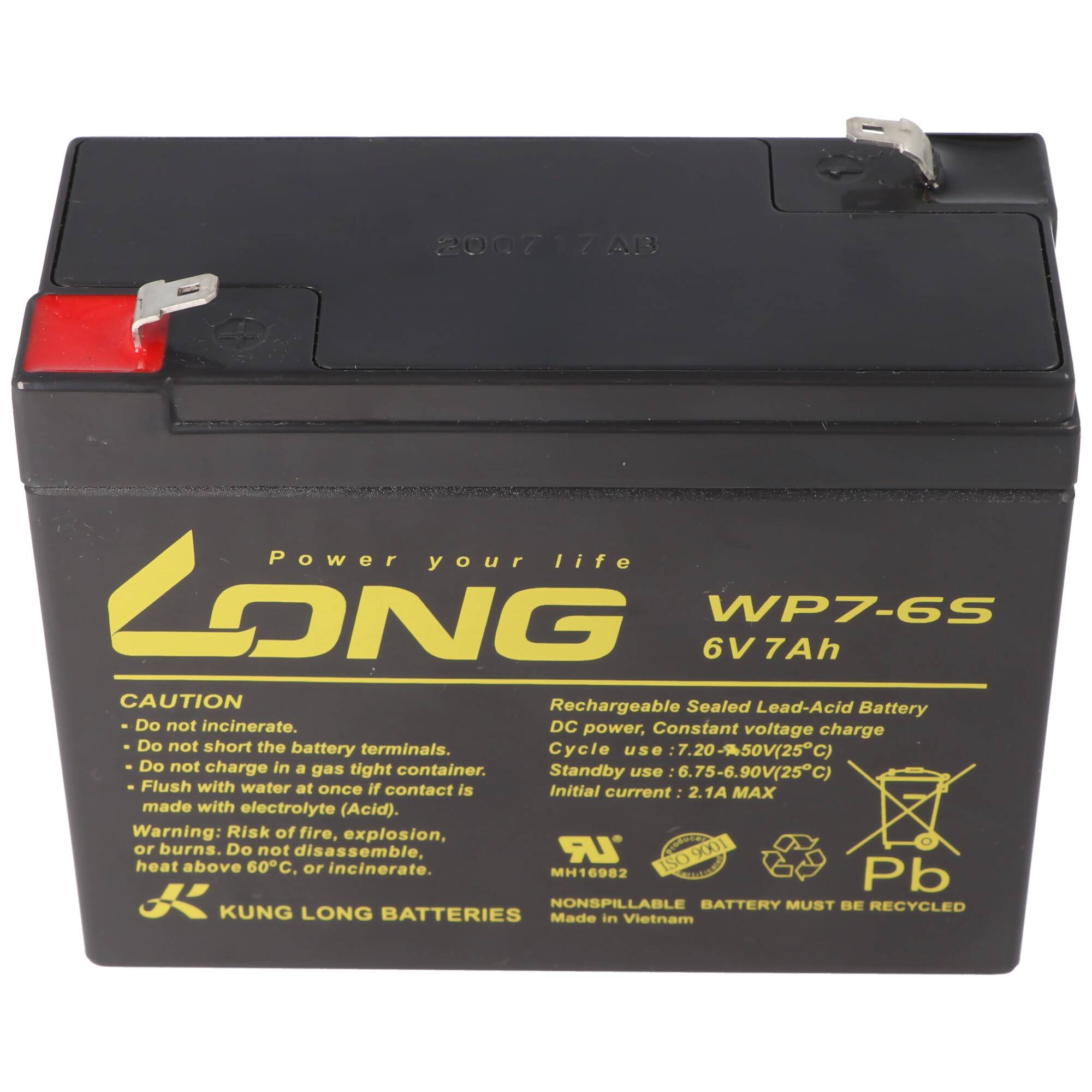 Schwarze 6V 7Ah wiederaufladbare versiegelte Bleisäurebatterie mit der Bezeichnung LONG WP7-6S mit roten und schwarzen Anschlüssen.