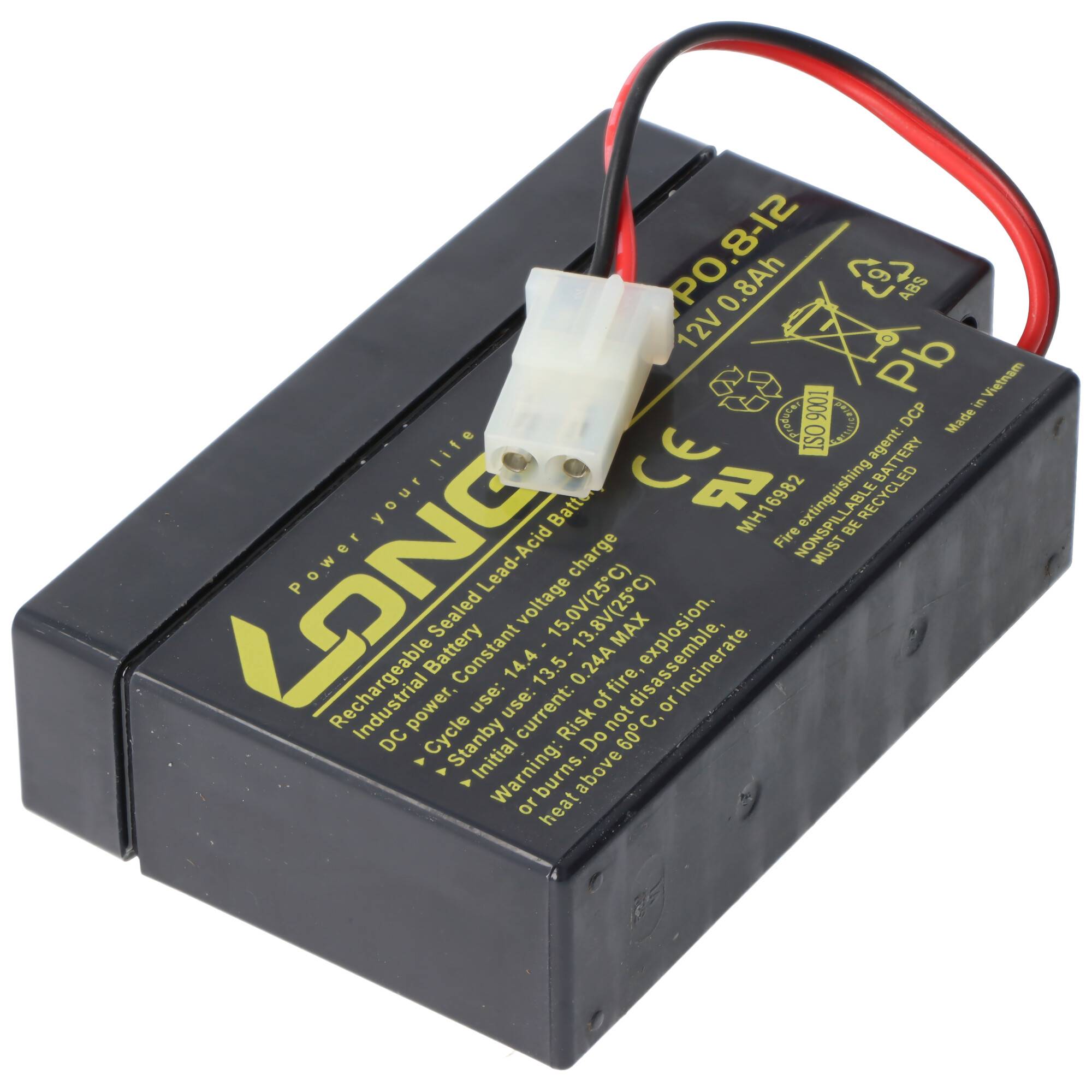 Schwarzes wiederaufladbares Bleisäure-Batteriepack mit roten und schwarzen Kabeln und einem weißen Stecker.