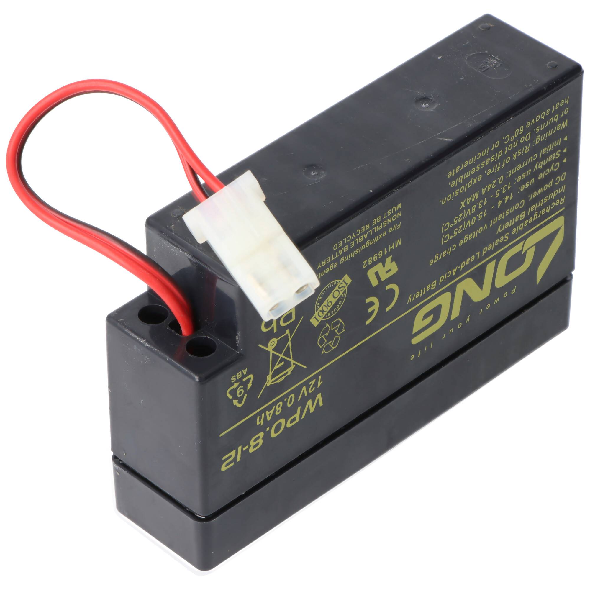 Schwarzes wiederaufladbares Batteriepaket mit roten und schwarzen Drähten und einem weißen Stecker angebracht.