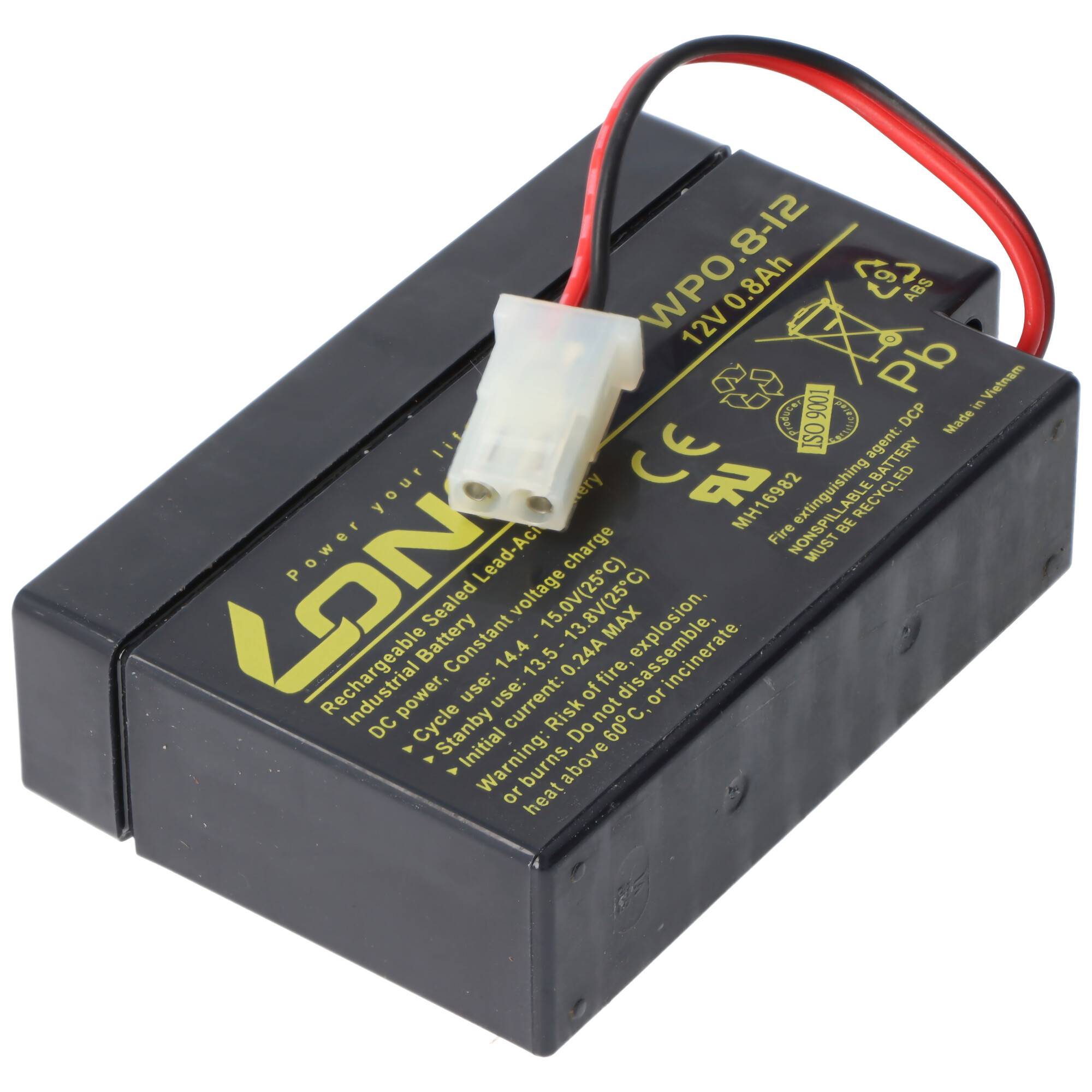 Schwarzes wiederaufladbares Blei-Säure-Batteriepaket mit der Bezeichnung "LON"" mit roten und schwarzen Kabeln und einem weißen Anschluss.